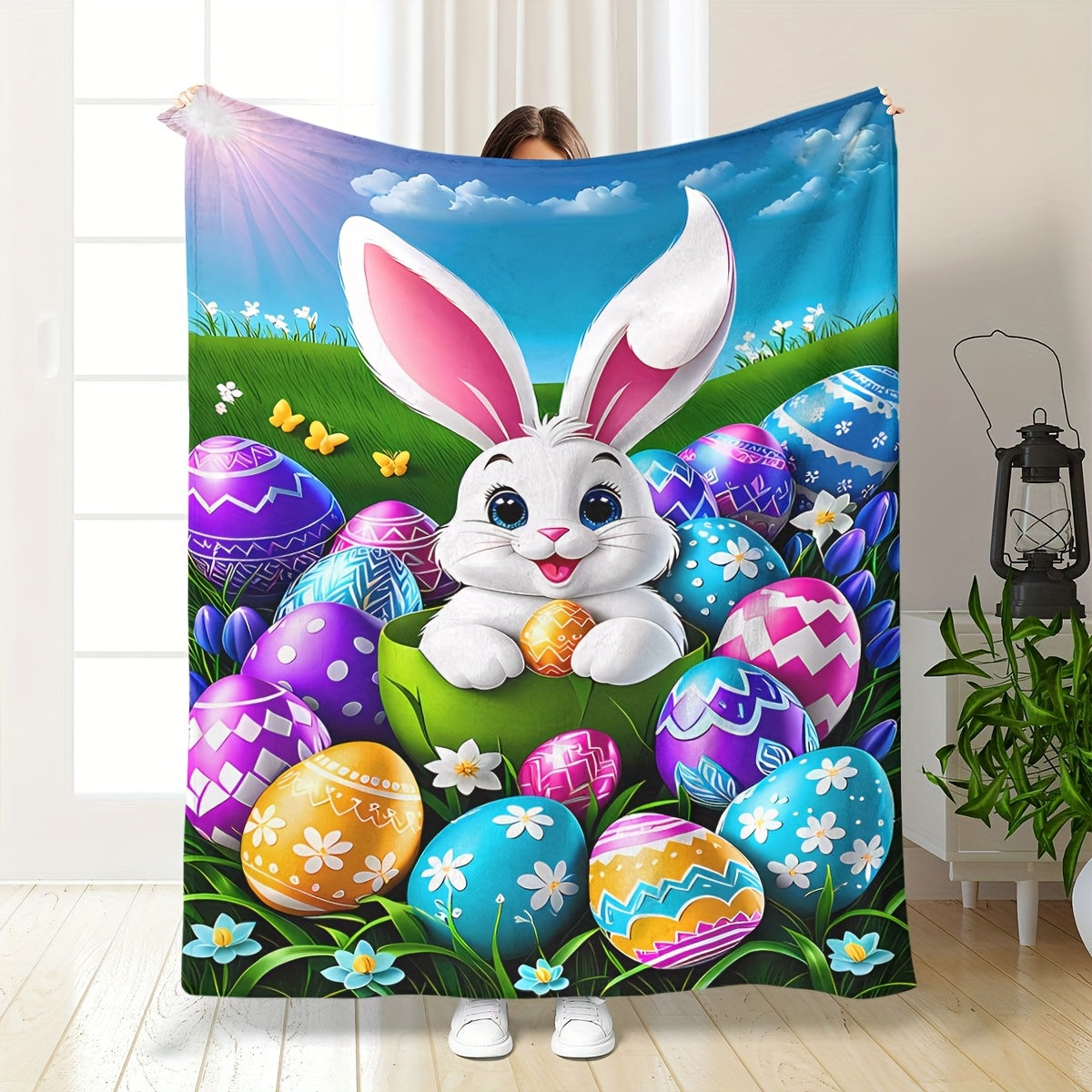 Modern Easter Bunny & Eggs Flannel Blanket - Contemporary Pastel Print, All-Season Lightweight for Sofa, Picnics, Travel & Spring Decor
