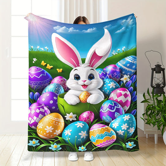 Modern Easter Bunny & Eggs Flannel Blanket - Contemporary Pastel Print, All-Season Lightweight for Sofa, Picnics, Travel & Spring Decor