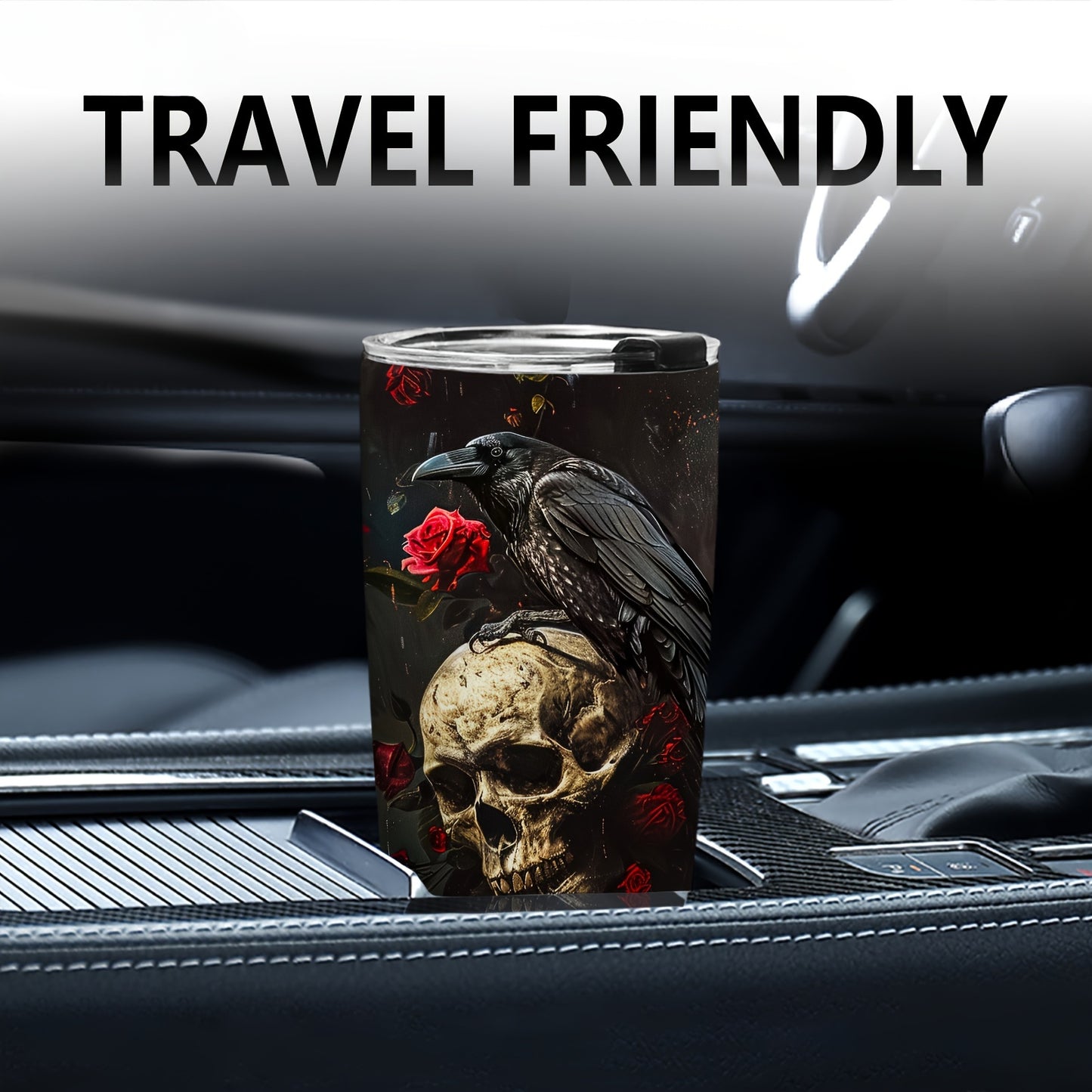 Gothic Skull & Raven Tumbler - 20oz Stainless Steel Insulated Travel Mug, BPA-Free & Hand Wash - Perfect Gift for Halloween, Christmas, Day of the Dead, Goth Lovers
