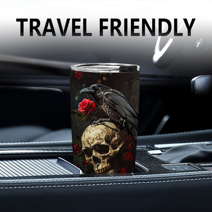 Gothic Skull & Raven Tumbler - 20oz Stainless Steel Insulated Travel Mug, BPA-Free & Hand Wash - Perfect Gift for Halloween, Christmas, Day of the Dead, Goth Lovers