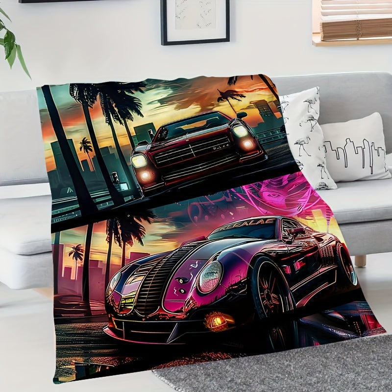 City Skyline & Car Print Throw Blanket - Modern Urban Design, All-Season Machine Washable for Couch, Dorm, Office, Gift for City Life Enthusiasts