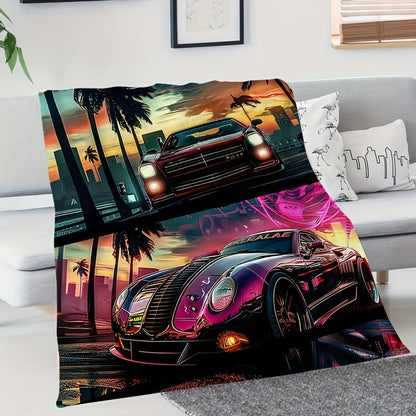 City Skyline & Car Print Throw Blanket - Modern Urban Design, All-Season Machine Washable for Couch, Dorm, Office, Gift for City Life Enthusiasts