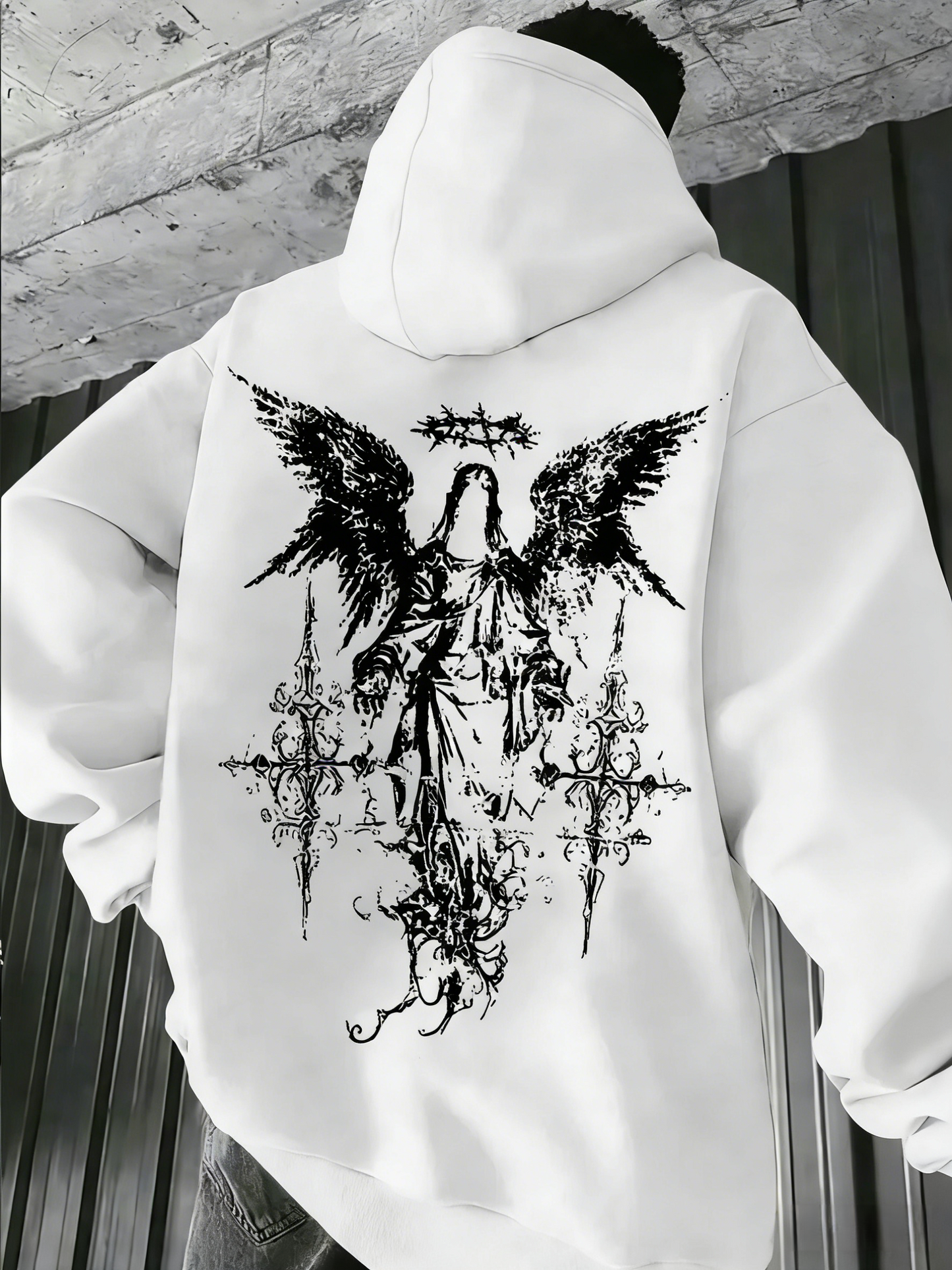 Street Guardian Hoodie - Men‘s Minimalist Angel Emblem on Solid Color, Oversized Hip Hop Pullover with Attitude