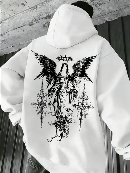Street Guardian Hoodie - Men‘s Minimalist Angel Emblem on Solid Color, Oversized Hip Hop Pullover with Attitude
