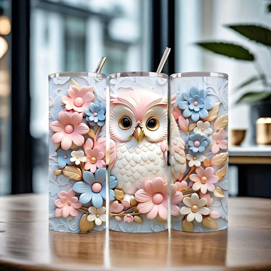 3D Owl Floral Tumbler 20oz - Insulated Stainless Steel Travel Mug with Lid | Vivid Artistic Design, Keeps Drinks Hot/Cold for Home, Commute & Outdoors