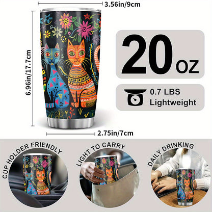 Sculptural Cat Tumbler - 20oz Brushed Steel Travel Mug with Handle, Artisanal Gift for Cat Lovers, Durable & Stylish for All Seasons