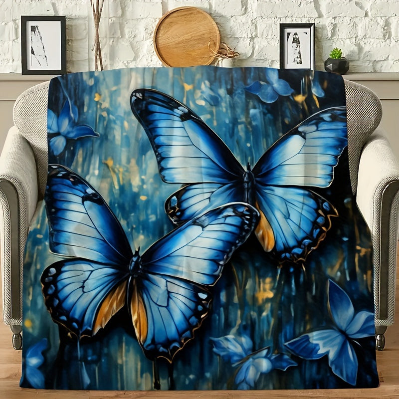 Blue Butterfly Patchwork Knitted Blanket - Textured Animal Insect Theme Throw, Lightweight & Breathable All-Season Gift for Home, Office, Nursery Decor