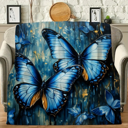 Blue Butterfly Patchwork Knitted Blanket - Textured Animal Insect Theme Throw, Lightweight & Breathable All-Season Gift for Home, Office, Nursery Decor