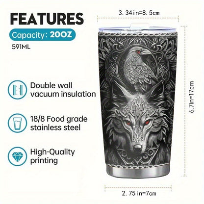 Viking Themed Insulated Tumbler 20oz - Stainless Steel Travel Mug with Wolf & Celtic Knot, Double-Wall Hot Cold Cup, Durable Gift for Him