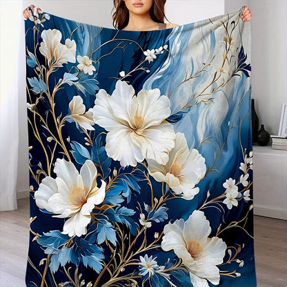 Navy Blue & White Magnolia Flannel Blanket - Classic Botanical Print Throw, Soft Polyester All-Season for Sofa, Office, Cozy Elegant Home Decor Gift
