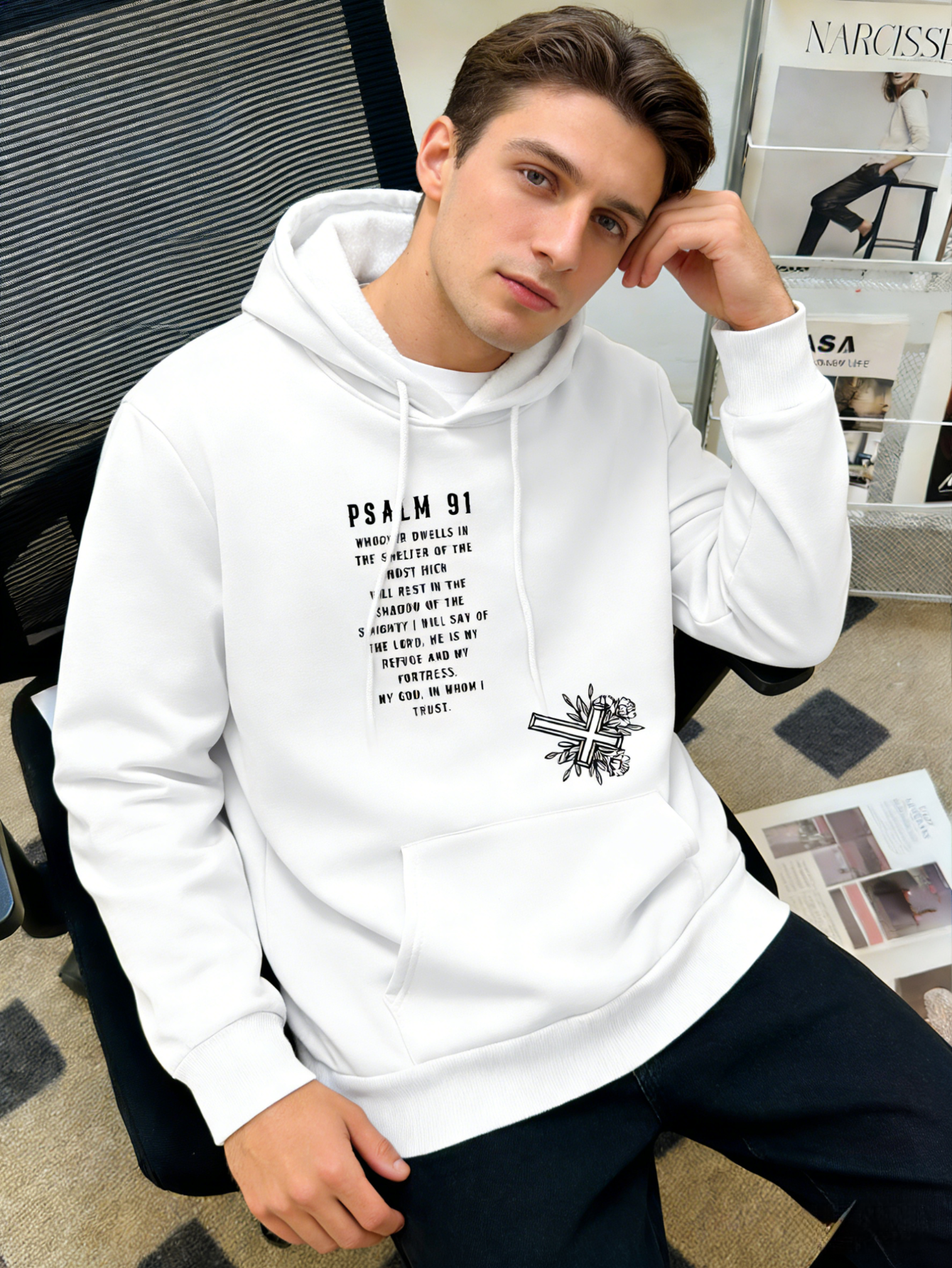 Holy Street Psalm 23 Hoodie - Men's Bold Scripture Graphic Pullover, White Letter Print Streetwear Trendy Casual Fit Hooded Sweatshirt