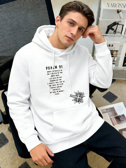 Holy Street Psalm 23 Hoodie - Men's Bold Scripture Graphic Pullover, White Letter Print Streetwear Trendy Casual Fit Hooded Sweatshirt