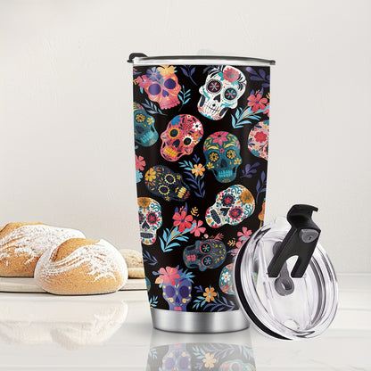 Skull Tumbler 20oz - Stainless Steel Vacuum Insulated & Leak-Proof, Perfect Travel Cup Gift for Halloween & Day of the Dead