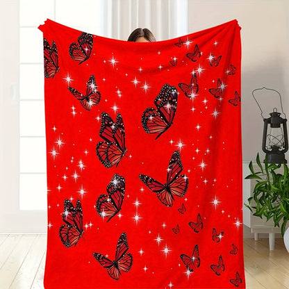 Red Butterfly Wedding Throw - Romantic Flannel Blanket for Bride & Groom, Soft Warm Keepsake Gift, Fall Winter Anniversary or Honeymoon Decor
