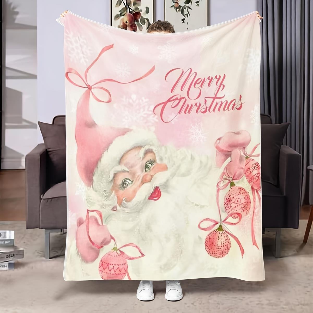 Pink & Gold Santa Claus Blanket - Whimsical Reindeer Sleigh Print Flannel, All-Season Christmas Gift & Room Decor