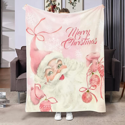 Pink & Gold Santa Claus Blanket - Whimsical Reindeer Sleigh Print Flannel, All-Season Christmas Gift & Room Decor