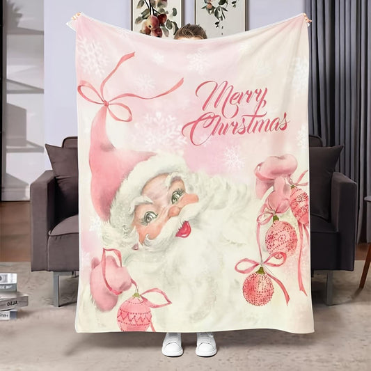 Pink & Gold Santa Claus Blanket - Whimsical Reindeer Sleigh Print Flannel, All-Season Christmas Gift & Room Decor