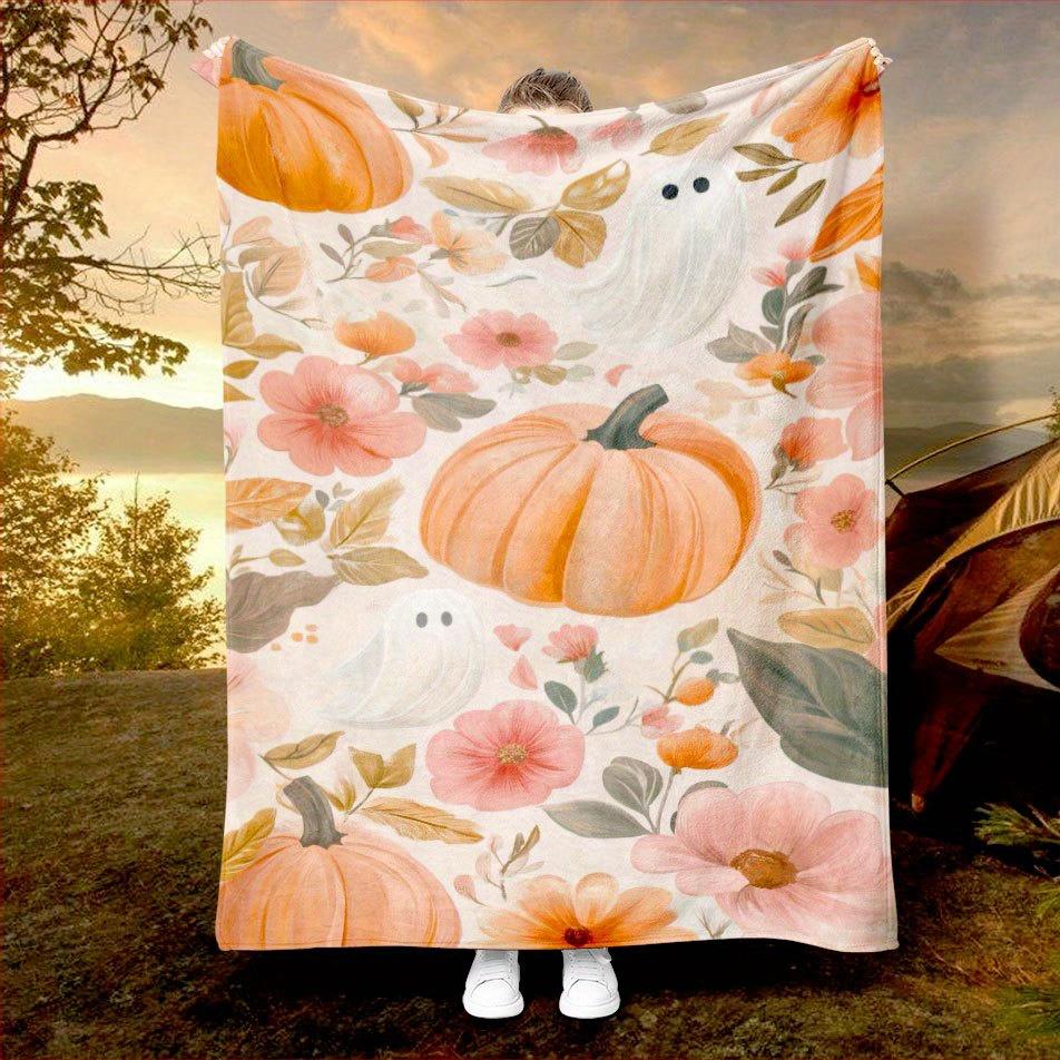 Orange & Pink Plaid Flannel Blanket - Fall Pumpkin Print, All-Season Throw for Sofa, Camping & Thanksgiving Gift