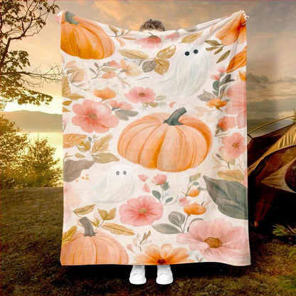 Orange & Pink Plaid Flannel Blanket - Fall Pumpkin Print, All-Season Throw for Sofa, Camping & Thanksgiving Gift