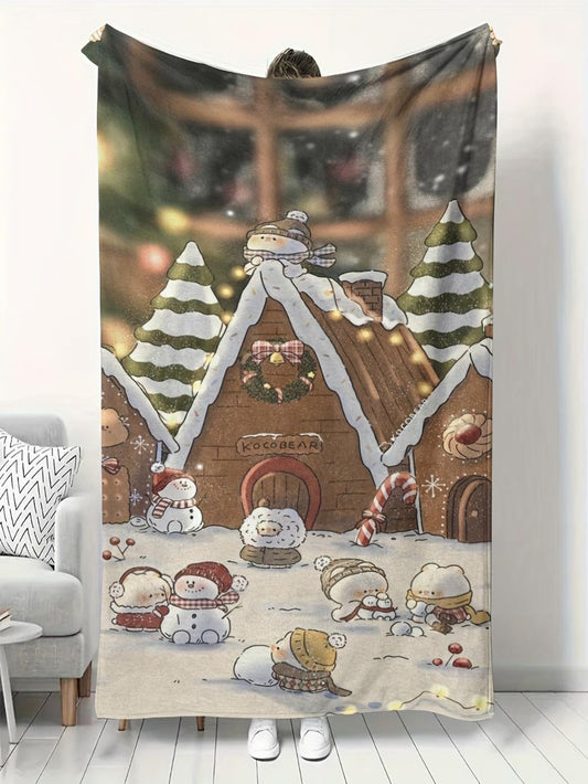 Christmas Village Storybook Blanket - Snowman & Gingerbread House Flannel Throw, Heirloom Softness for Cozy Holiday Nights