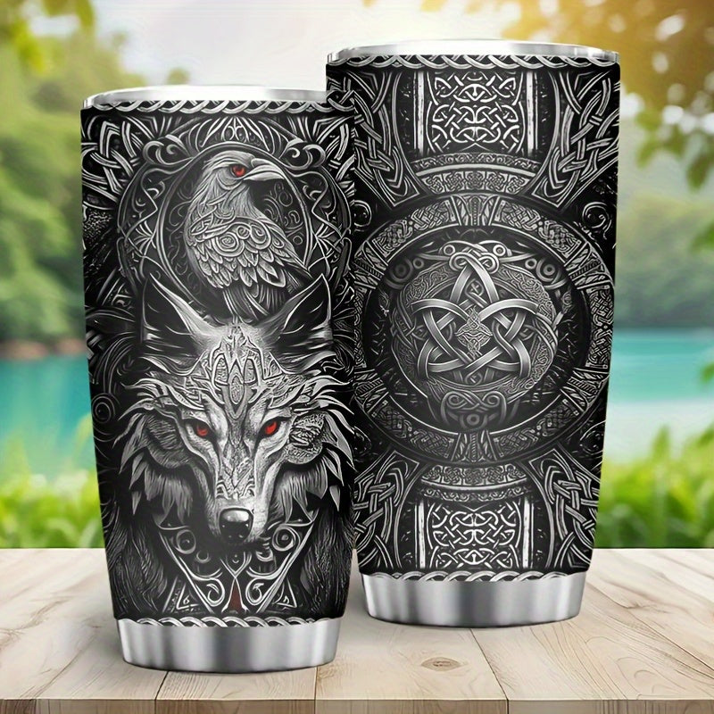 Viking Themed Insulated Tumbler 20oz - Stainless Steel Travel Mug with Wolf & Celtic Knot, Double-Wall Hot Cold Cup, Durable Gift for Him