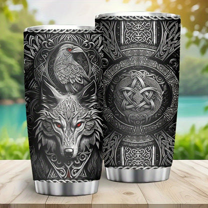 Viking Themed Insulated Tumbler 20oz - Stainless Steel Travel Mug with Wolf & Celtic Knot, Double-Wall Hot Cold Cup, Durable Gift for Him