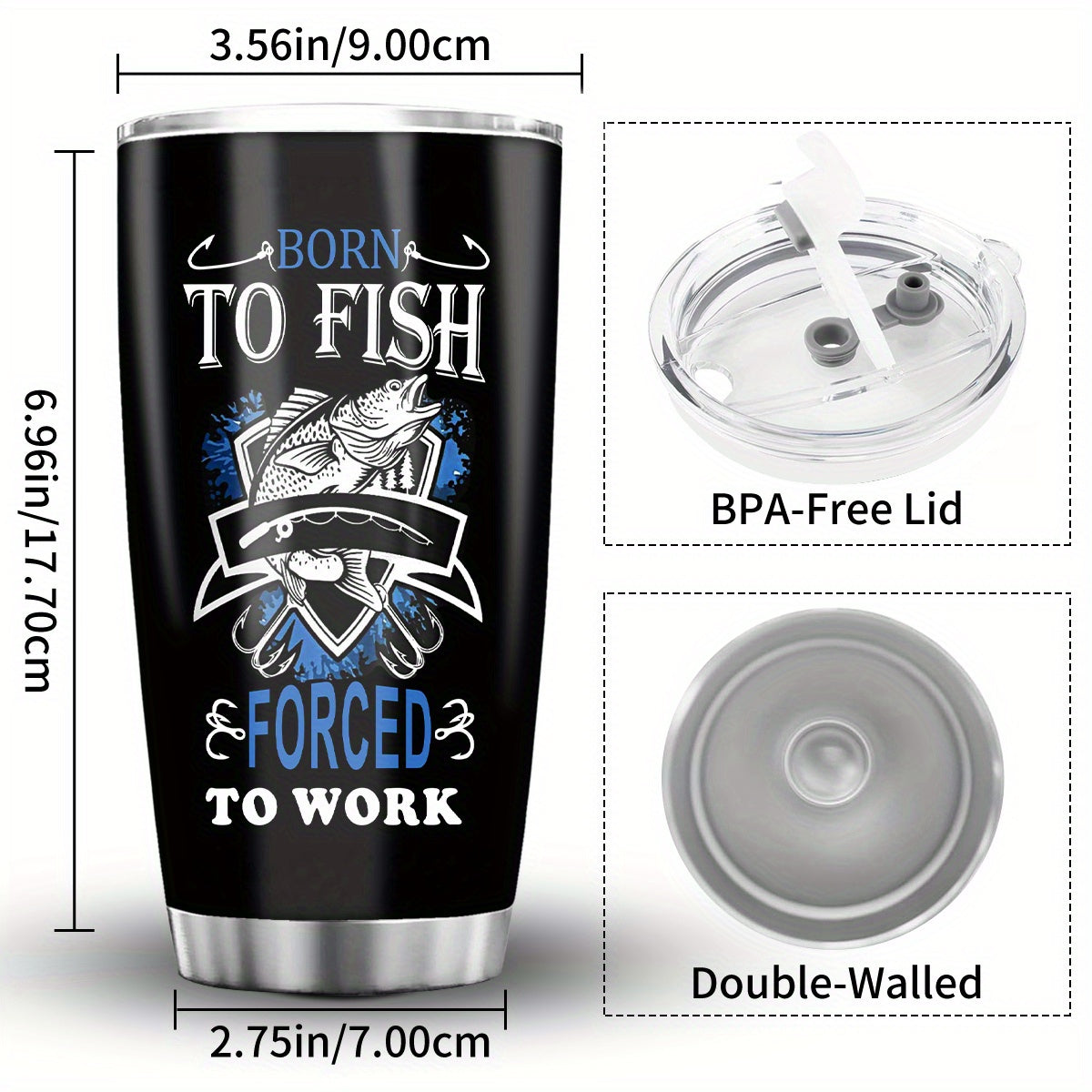 Fishing Tumbler 20oz Insulated - Stainless Steel Cup with Emblem, No Electricity Décor Gift for Fishermen - Christmas, Halloween, Thanksgiving Present for Dad, Men, Anglers