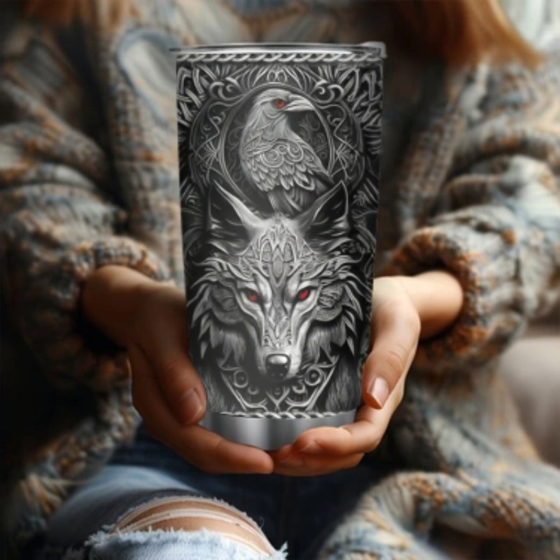 Viking Themed Insulated Tumbler 20oz - Stainless Steel Travel Mug with Wolf & Celtic Knot, Double-Wall Hot Cold Cup, Durable Gift for Him