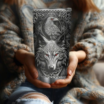 Viking Themed Insulated Tumbler 20oz - Stainless Steel Travel Mug with Wolf & Celtic Knot, Double-Wall Hot Cold Cup, Durable Gift for Him