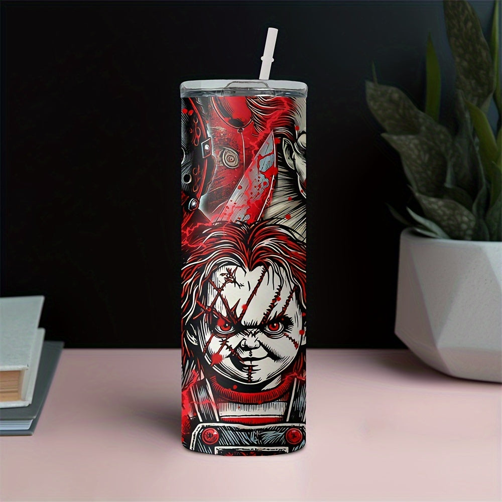 Insulated Stainless Steel Tumbler with Lid (20oz) - Features Michael Myers, Jason, Chucky - Perfect for Cold & Hot Drinks, Halloween Gift