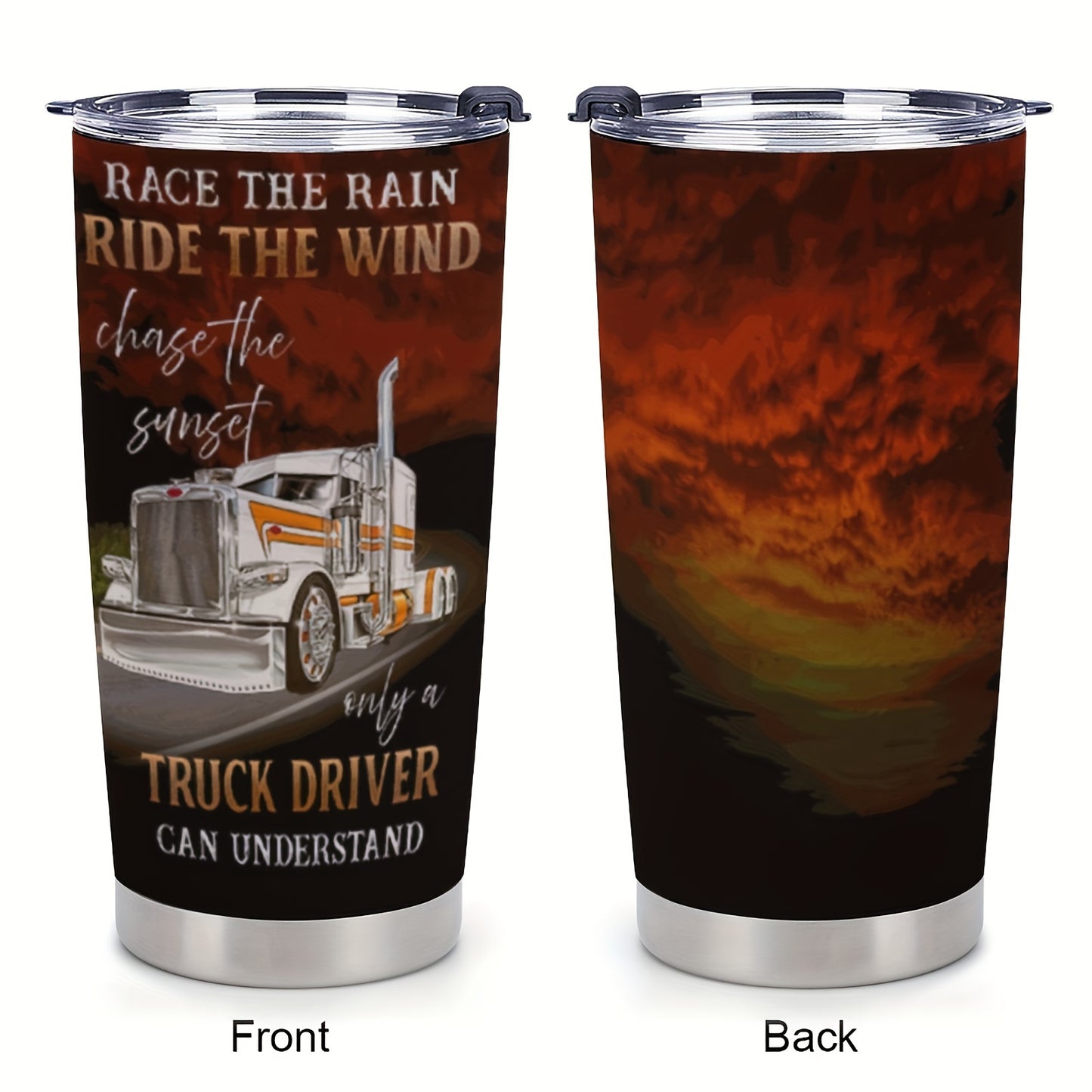"King of the Road" Truck Driver Mug - 20oz Insulated Sunset & Highway Graphic Tumbler | Cool Gift for Long Haul Drivers, Stainless Steel Travel Cup