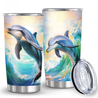 Dolphin Print 20oz Insulated Tumbler - Stainless Steel Travel Mug with Leak-Proof Lid, Double Wall Vacuum - BPA-Free Ocean Waves Design, Perfect Gift for Dolphin Lovers, Family & Friends