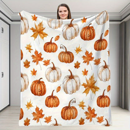 Fall Pumpkin Leaf Print Flannel Blanket - Soft Plush All-Season Throw in White & Orange, Modern Farmhouse Decor for Sofa & Bed | Thanksgiving & Halloween Gift