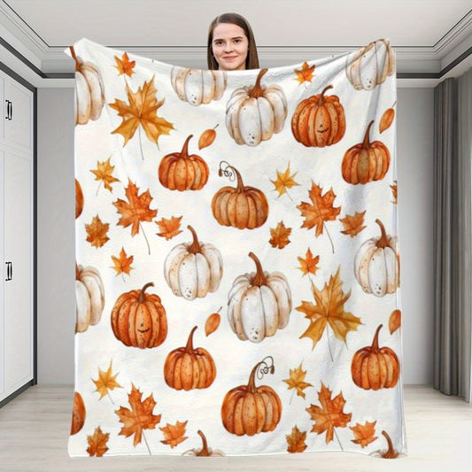 Fall Pumpkin Leaf Print Flannel Blanket - Soft Plush All-Season Throw in White & Orange, Modern Farmhouse Decor for Sofa & Bed | Thanksgiving & Halloween Gift