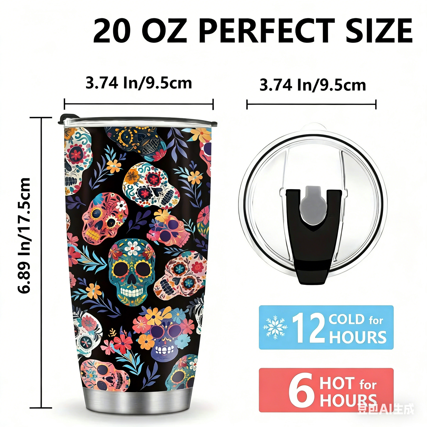 Skull Tumbler 20oz - Stainless Steel Vacuum Insulated & Leak-Proof, Perfect Travel Cup Gift for Halloween & Day of the Dead