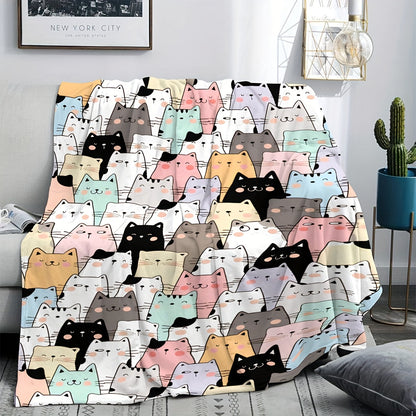 Cute Cat & Sheep Print Fleece Blanket -  All-Season Wearable Shawl or Throw, Perfect Holiday & Birthday Gift for Animal Lovers