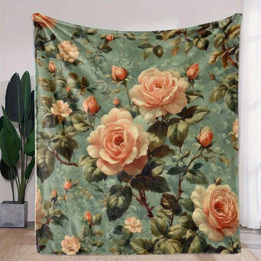 Vintage Rose Print Flannel Blanket - Dark Green with Blush Pink & White, Soft Sofa Bed Cover & Women's Gift