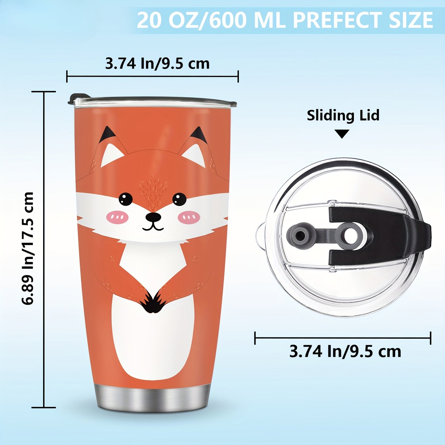 20oz Fox Tumbler, Vacuum Insulated Stainless Steel Travel Mug - Cute Fox Design Gift for Women, Girls, Daughter, Son - Birthday, Christmas, Summer Vacation