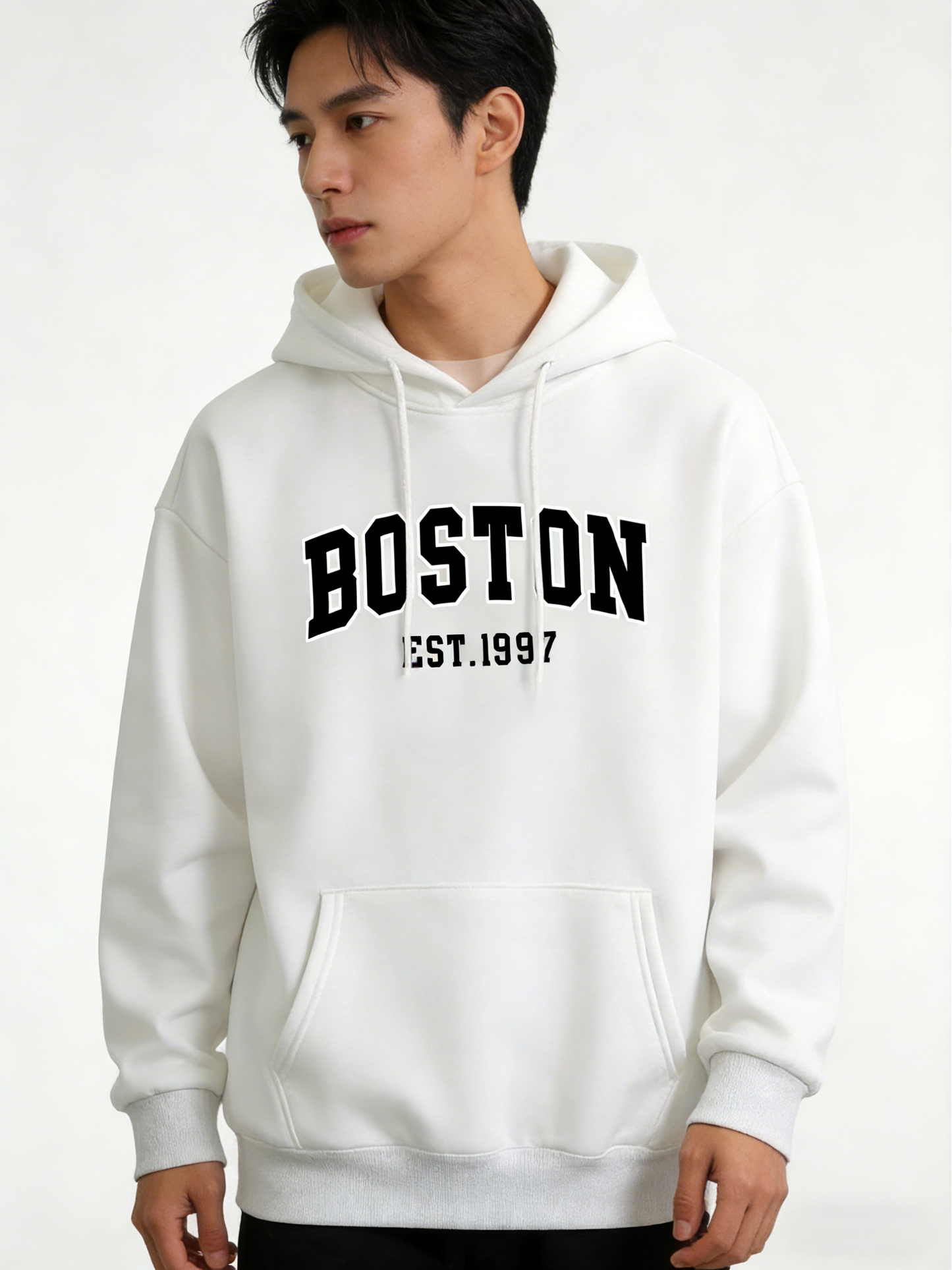 Men's Boston Letter Print Hoodie - Casual Long Sleeve Pullover | Regular Fit hooded Sweatshirt