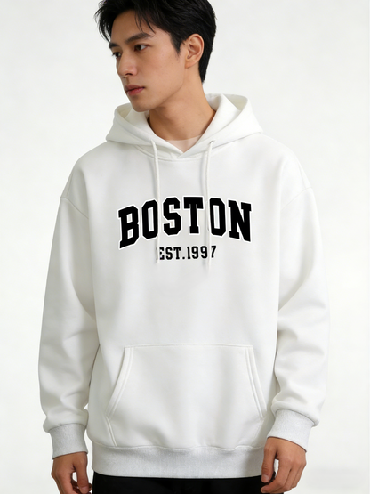 Men's Boston Letter Print Hoodie - Casual Long Sleeve Pullover | Regular Fit hooded Sweatshirt