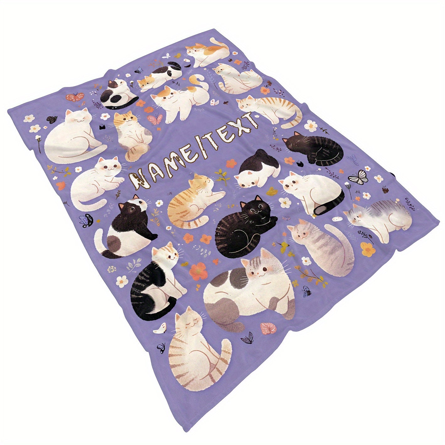Personalized Purple Cartoon Cat Flannel Blanket Custom Name Throw