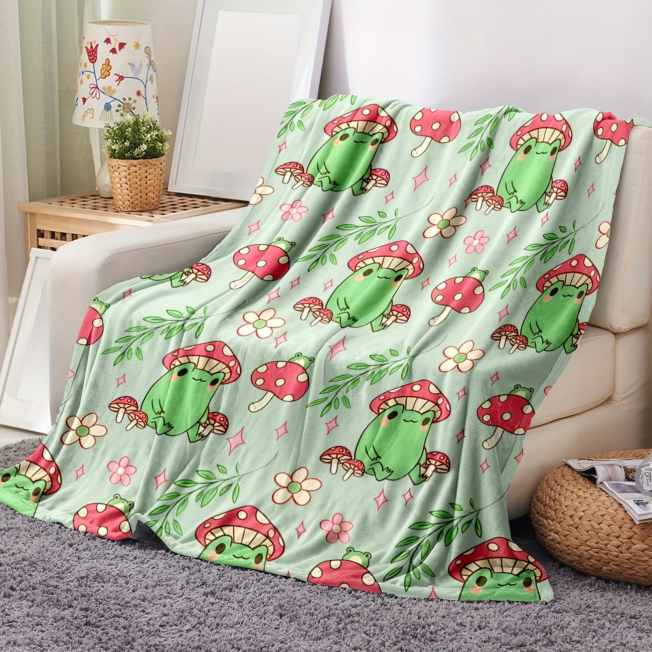 Frog & Mushroom Flannel Throw Blankets - Whimsical Forest Blanket | Soft, Lightweight Design for Multi-Scene Cozy Moments and Unique Gift Giving