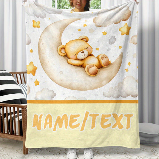 Personalized Cartoon Bear Flannel Blanket - Custom Name Print, Warm Lightweight Throw, Durable All-Season Comfort for Sofa, Bed, Travel & Camping