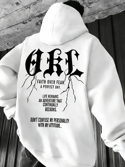 Gothic Hoodie for Men - Faith Love Strength Pullover with Gothic Lettering, Unisex Streetwear Trend Hooded Sweatshirt