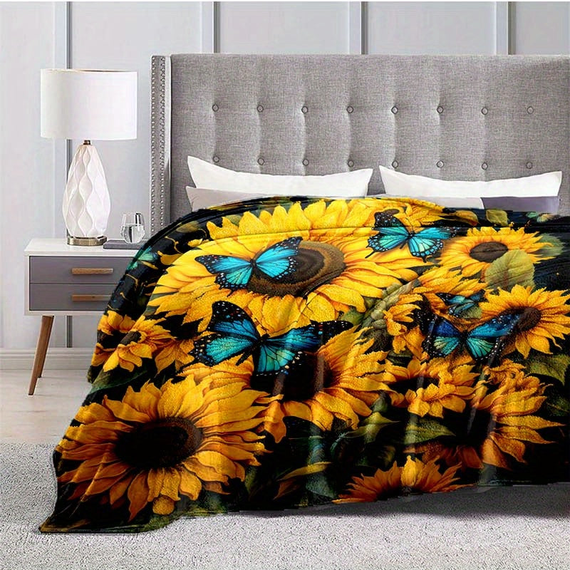 Sunflower & Blue Butterfly Flannel Throw - Vibrant Lightweight Blanket | Uplifting Nature Design for Multi-Scene Use at Home, Outdoors, or as a Gift