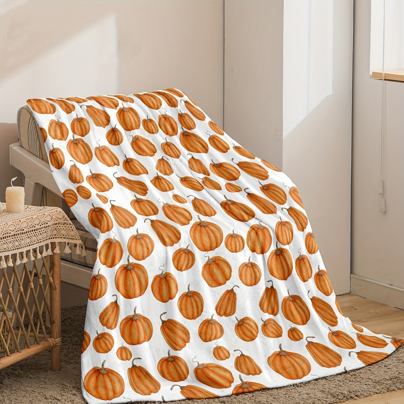 Cozy Fall & Winter Blanket - Pumpkin Print Flannel Throw, Soft Warm Machine Washable Gift for Thanksgiving Christmas