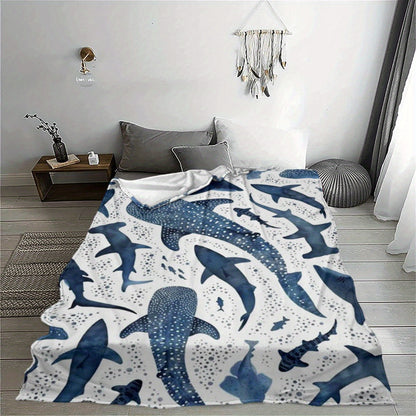 Shark & Ocean Flannel Throw Blanket | Deep Blue Print for Plush Blankets, All-Season Comfort