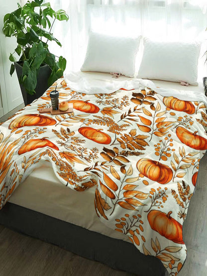 Pumpkin Leaf Flannel Throw - All-Season Soft & Warm Blanket for Bed, Sofa, Camping, Multi-Use Fall Gift