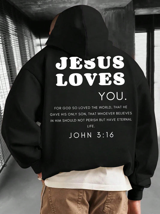 "Jesus Loves You" Hoodie for Men - Fall Winter Christian Streetwear | Oversized Pullover with Kangaroo Pocket