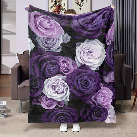 Modern Geometric Rose Print Blanket - Purple Soft & Warm, Multi-Use Throw for Sofa, Bed, Camping
